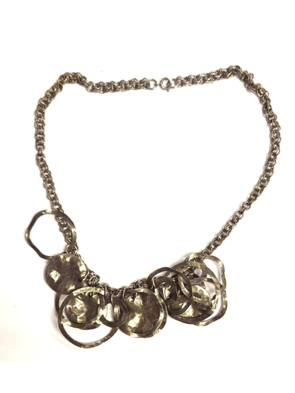 Hammered Silver-Tone Statement Necklace With Chain And Circular Accents